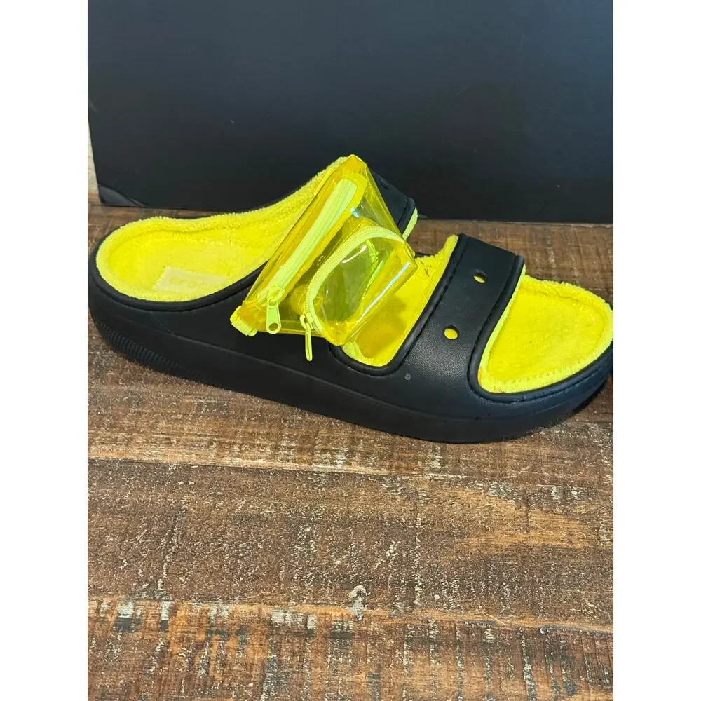 Men's Crocs‎ Classic Cozzzy Towel Sandal Black Yellow Slide Mini Pouch Sz 10
